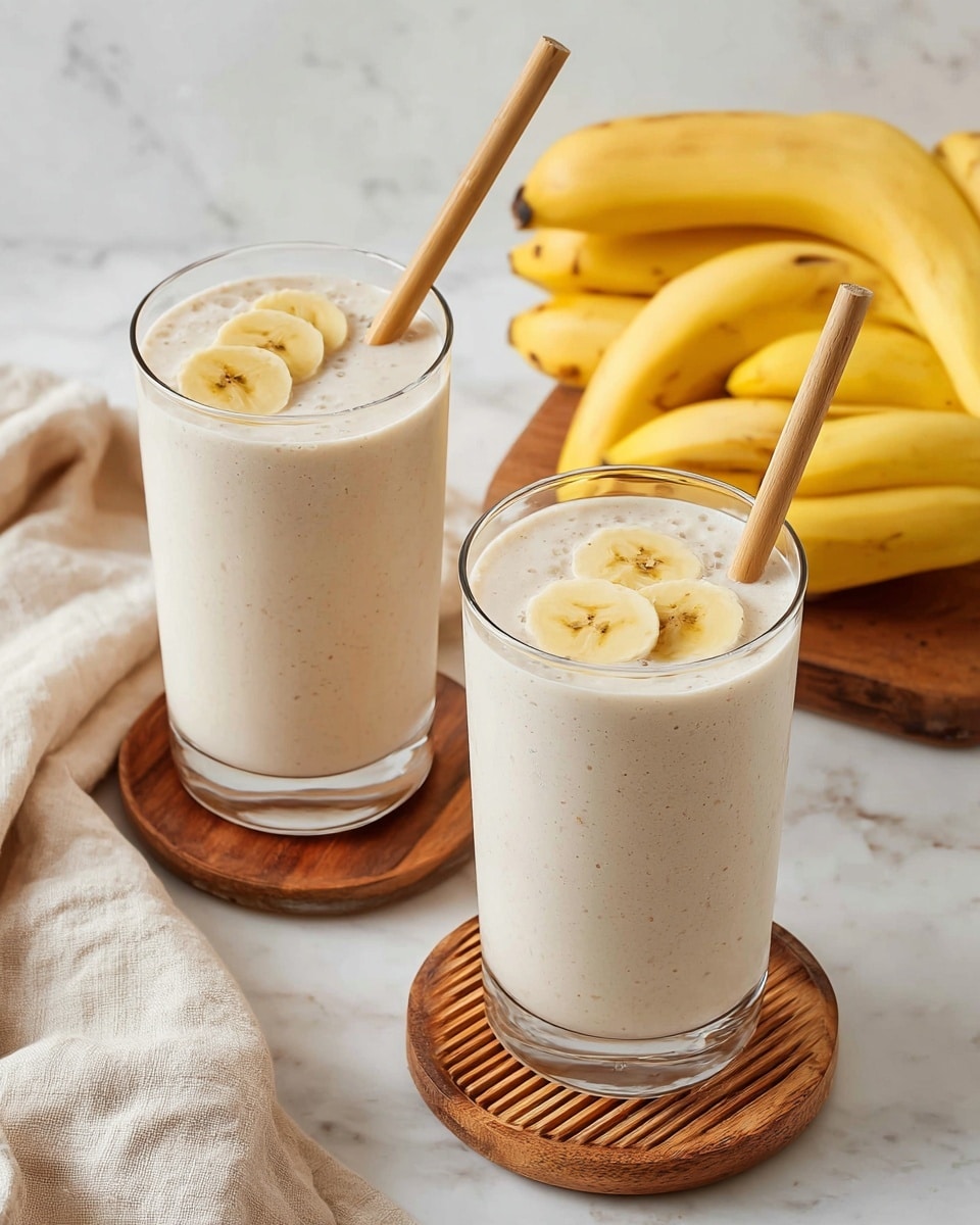 The image shows two clear tall glasses filled with a creamy beige banana smoothie. Each glass has a smooth, thick texture with tiny specks visible inside the drink, topped with three chunky slices of yellow banana. One glass features a light brown bamboo straw standing upright inside. The glasses are placed on round wooden coasters on a white marbled surface, with a bunch of ripe yellow bananas blurred in the background. The lighting is soft and natural, highlighting the smoothie’s creamy texture clearly. photo taken with an iphone --ar 4:5 --v 7