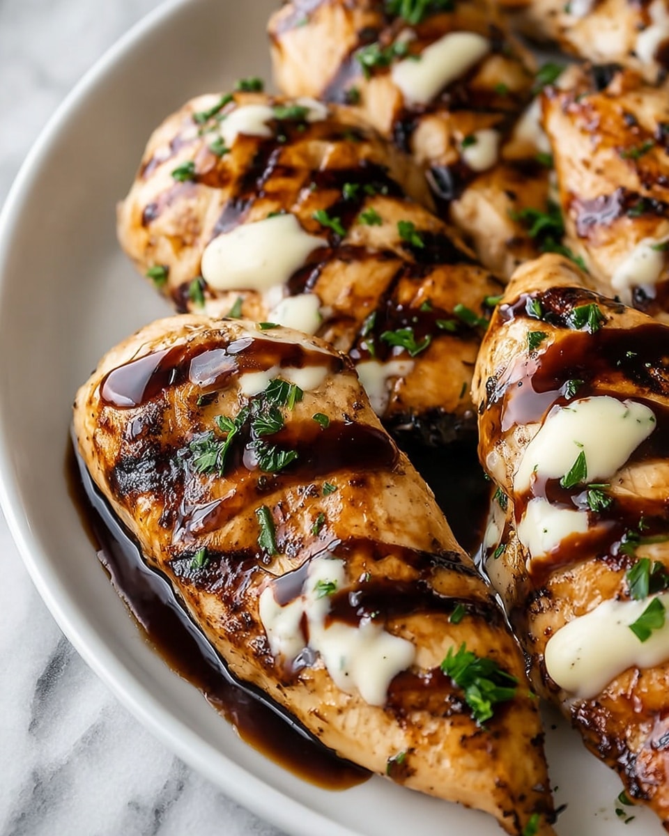 This image shows several pieces of grilled chicken breast arranged closely on a white dish. Each piece has a golden-brown color with clear grill marks and is topped with two sauces—one creamy white and the other dark brown, glossy, and slightly thick. Small green parsley leaves are sprinkled over the chicken for color contrast. The background features a white marbled texture. Photo taken with an iphone --ar 4:5 --v 7