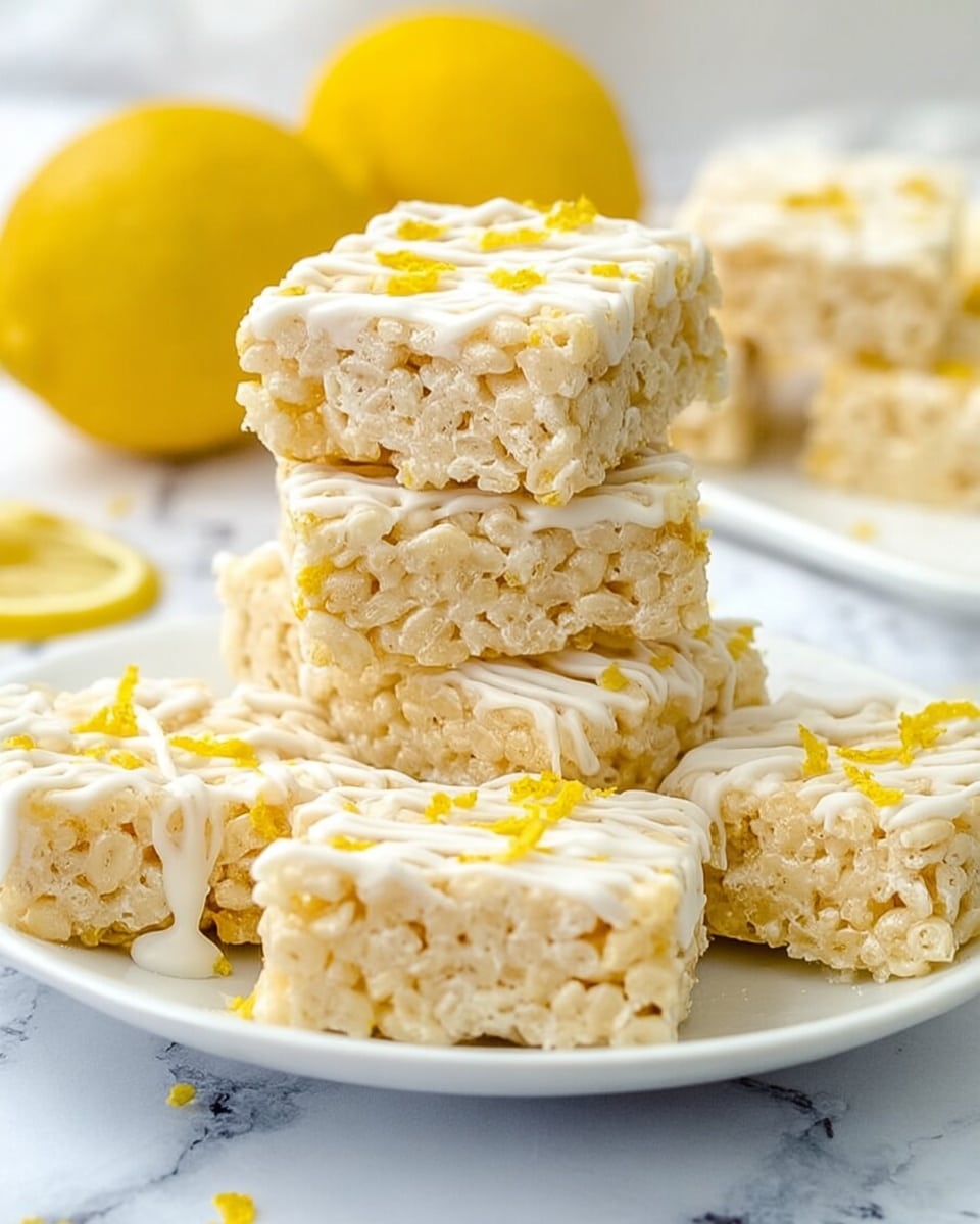 The image shows three pieces of light yellow, crispy rice treats stacked on a white plate with a white marbled background. The treats have a soft, airy texture with visible puffed rice grains and small yellow zest pieces scattered on top and mixed inside. A creamy white drizzle, smooth and shiny, flows over the top and sides of the treats, adding a glossy contrast. The front piece is lying flat, while the middle treat is tilted and resting on the front one, and the third piece is stacked behind them, mostly square and slightly thicker. Two whole yellow lemons are softly blurred in the background. Photo taken with an iphone --ar 4:5 --v 7