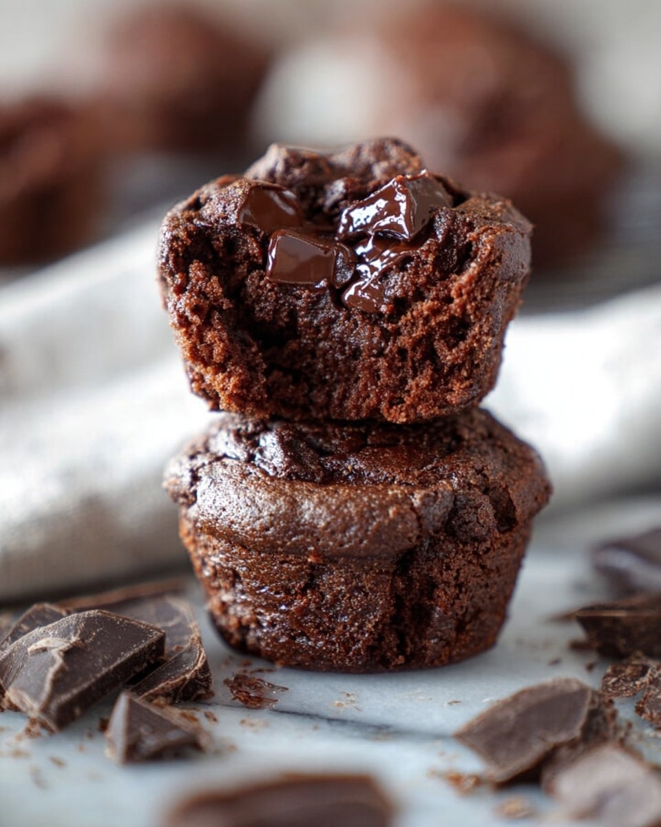 The image shows two dark brown chocolate muffins stacked vertically, with the top muffin partially bitten to reveal a soft, gooey dark chocolate center and chunks inside. The muffins have a cracked, rough texture on the outside, and melted chocolate is visible on the top and inside. Surrounding the muffins are irregular pieces of broken dark chocolate. The background and surface have a white marbled texture with blurred muffin shapes visible. Photo taken with an iphone --ar 4:5 --v 7