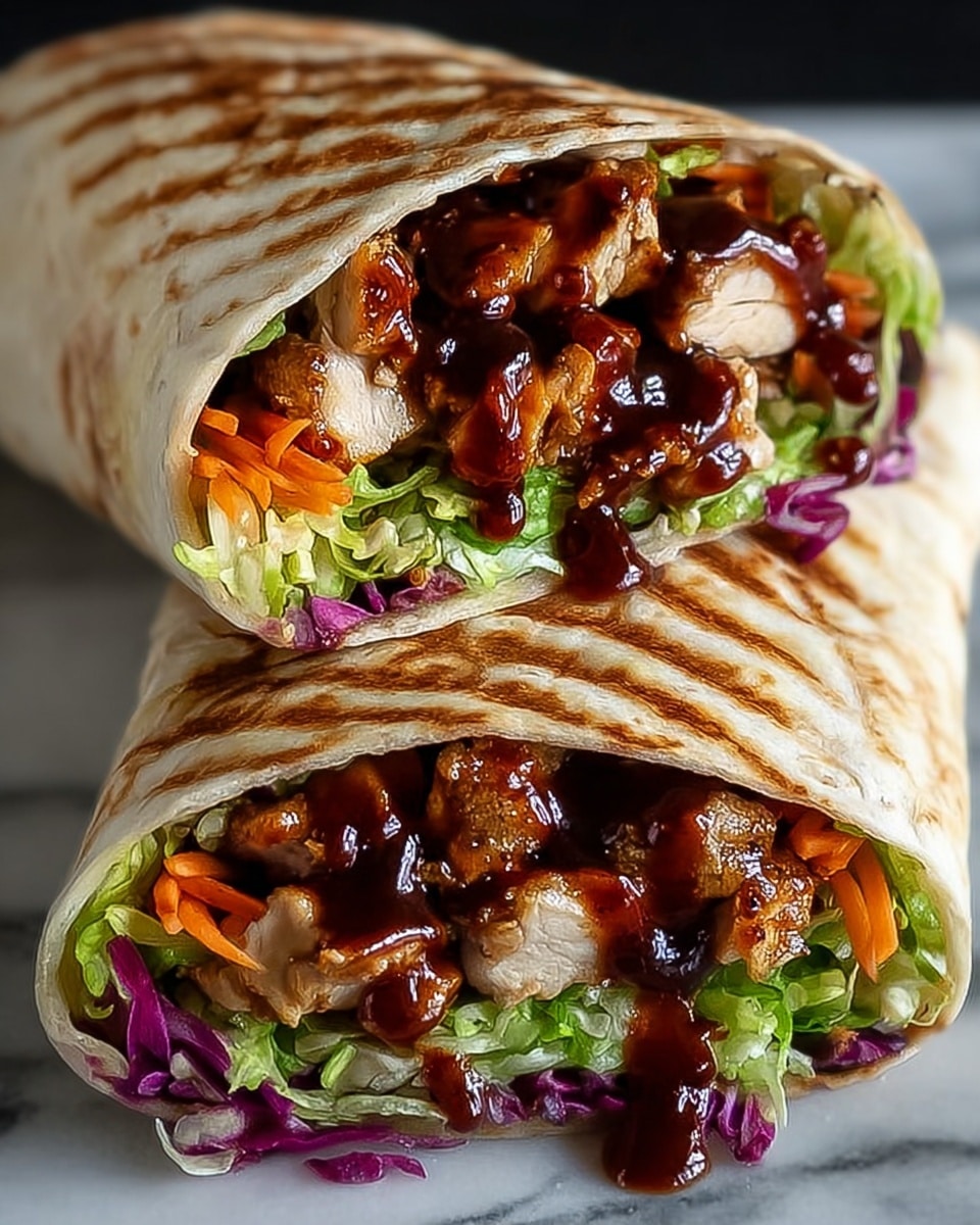 The image shows two grilled chicken wraps on a round white plate with a white marbled surface beneath. Each wrap is cut in half, revealing three visible layers: the outer golden-brown grilled tortilla, a middle layer of fresh green lettuce and sliced cucumber, and a top layer of glazed grilled chicken pieces with a dark shiny sauce and sesame seeds sprinkled on top. The wraps are placed so the open sides face forward, showing the colorful filling inside. Photo taken with an iphone --ar 4:5 --v 7