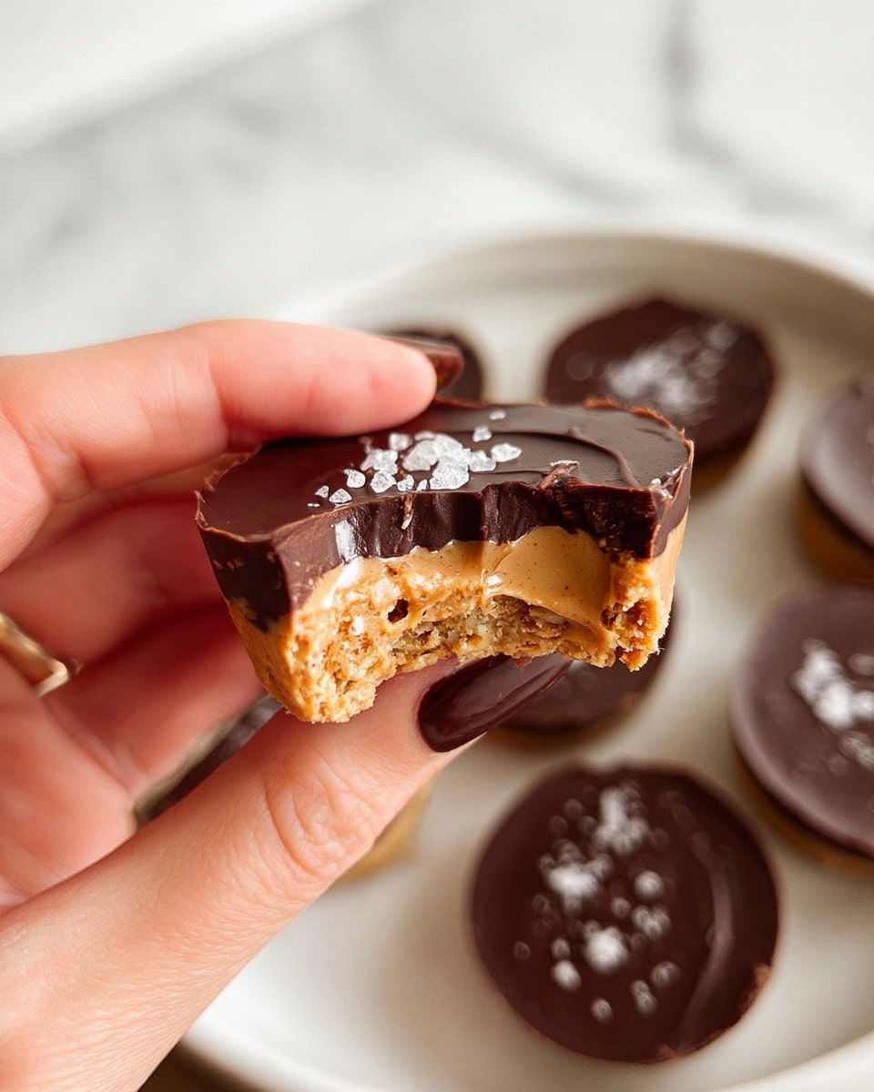 The image shows stacked small round treats on a white plate with a white marbled surface underneath. Each treat has three layers: the bottom layer is a crunchy oat mix in light brown and beige colors, the middle layer is a creamy peanut butter in smooth light brown, and the top layer is a glossy dark chocolate with a sprinkle of white sea salt flakes. The stack has two treats, with more treats scattered around the plate in the background. The light and smooth textures of each layer contrast clearly, making the treat look rich and homemade. photo taken with an iphone --ar 4:5 --v 7