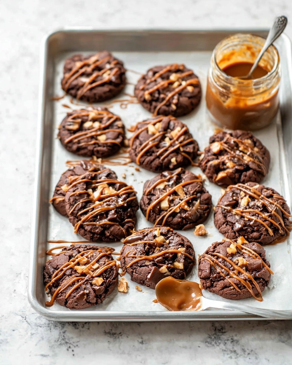 A silver baking tray holds about 14 round chocolate cookies, each one dark brown with a rough texture and embedded bits of lighter nuts and chocolate chips. Each cookie is drizzled with thin lines of caramel sauce in a zigzag pattern. Near the top right corner of the tray, there is a small clear jar filled with more caramel, and a silver spoon beside it with caramel smeared on the spoon's bowl. The tray rests on a surface with a white marbled texture. photo taken with an iphone --ar 4:5 --v 7