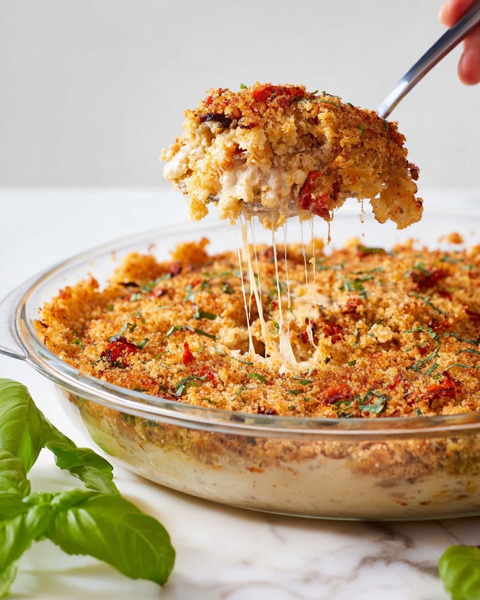 A close-up shot of a plate with a layered dish made of crispy golden-brown bread crumbs mixed with creamy, light beige sauce and small chunks of white chicken. There are small bits of red tomatoes scattered throughout the dish, adding splashes of color, and fresh green herbs sprinkled on top. The dish is served on a white plate resting on a white marbled surface, with a fresh green basil leaf placed near the bottom left edge of the plate for garnish. The texture appears crumbly and creamy with visible herbs and tomato pieces. photo taken with an iphone --ar 4:5 --v 7