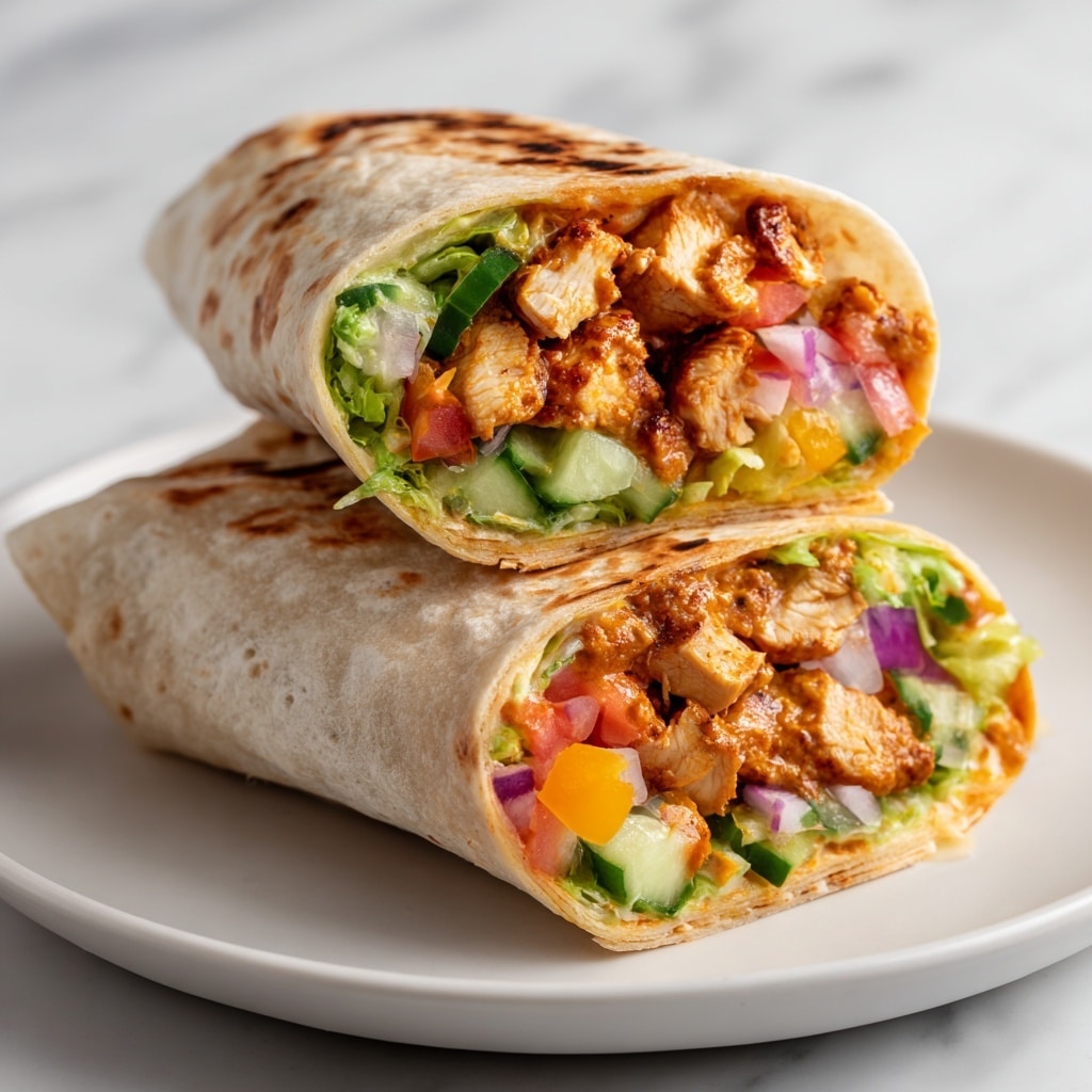 The image shows two halves of a wrap stacked one on top of the other on a white plate, placed on a white marbled surface. The wrap is a light golden-brown tortilla with slight grill marks. Inside, the first layer consists of chunks of cooked chicken in a creamy, light orange sauce. Above the chicken, there is a mix of fresh vegetables including small pieces of green lettuce, diced red onion, green cucumber, and orange tomato, all adding vibrant contrasting colors and fresh textures to the wrap. The overall look is juicy and well-filled, showing the different layers clearly in a close-up view. Photo taken with an iphone --ar 4:5 --v 7