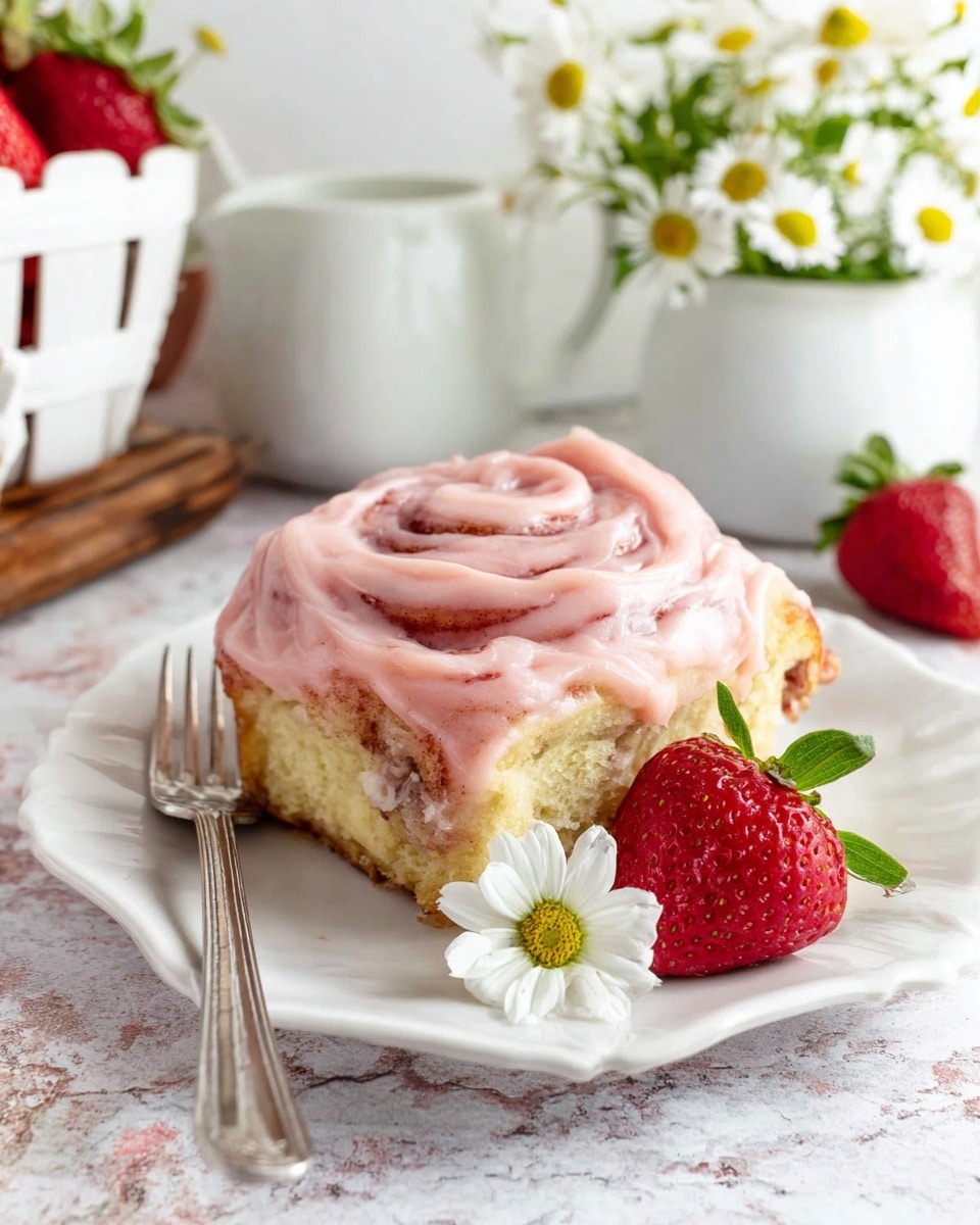 A soft, swirled cinnamon roll is placed on a white, scalloped plate. The cinnamon roll has one visible layer of fluffy, light golden-brown dough with cinnamon bits inside, topped with a thick layer of smooth, pink frosting that covers the top and drips slightly over the edges. Beside the roll, a bright red strawberry and a small white flower with a green center rest on the plate. A silver fork lies diagonally on the right side of the plate. The setting includes a white marbled textured surface with a blurred background of white daisies and fresh strawberries in a white basket and a white bowl. Photo taken with an iphone --ar 4:5 --v 7