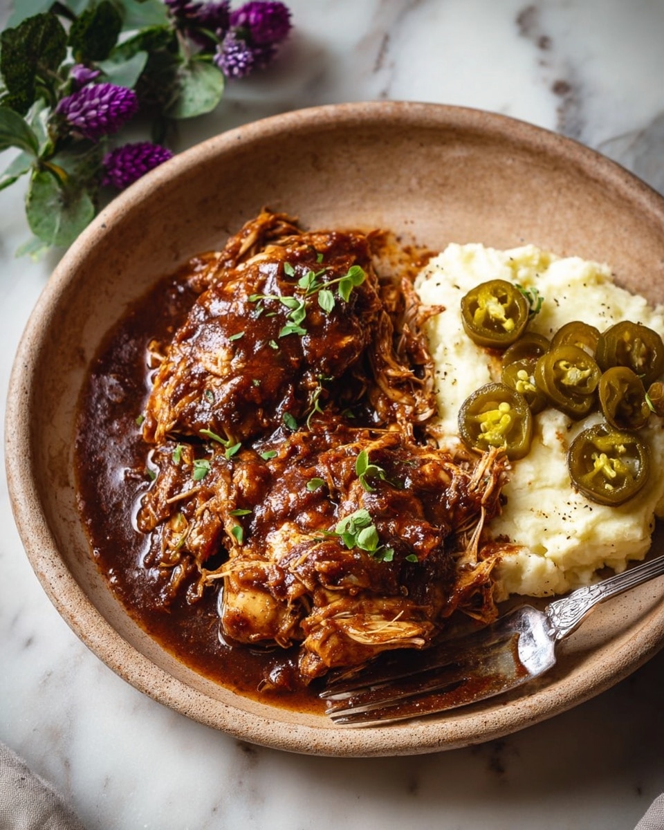 A white bowl holds a dish with three main layers. The bottom layer is a thick bed of creamy white mashed potatoes with a smooth yet slightly fluffy texture. On top, there are two large pieces of dark brown, glossy chicken covered in a rich, thick gravy with bits of meat and spices visible, giving a moist and tender feel. On the right side, next to the chicken, are four glossy green pickled peppers adding a bright contrast. The dish is lightly sprinkled with small green herb pieces for garnish. A dark fork is placed on the right edge of the bowl. The whole scene sits on a white marbled surface. Photo taken with an iphone --ar 4:5 --v 7