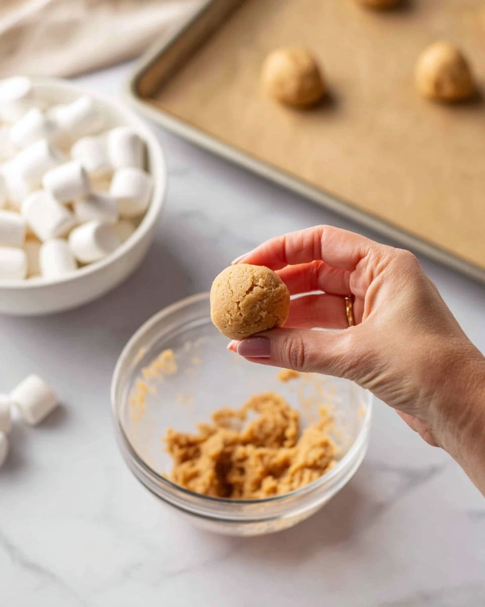 A close-up image of a woman's hand holding a small round ball of light brown cookie dough above a clear glass bowl filled with more cookie dough. In the background, there is a baking tray lined with light brown parchment paper with another dough ball on it, and a white bowl filled with large white marshmallows. The scene is set on a white marbled surface with a soft, natural light highlighting the textures of the dough and marshmallows. Photo taken with an iphone --ar 4:5 --v 7