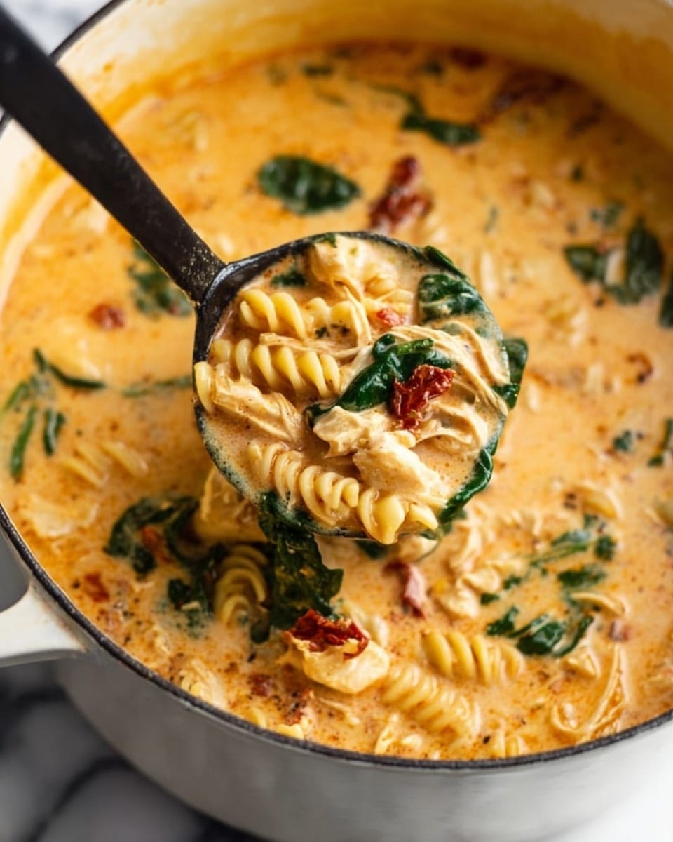 A bowl filled with creamy orange soup as the base layer, with spiral pasta scattered throughout showing a pale yellow color and a slightly firm texture. Shredded white chicken pieces are mingled evenly, layered with dark green spinach leaves that add freshness. Sun-dried tomatoes in a deep red color are mixed in the soup, adding a bit of texture and flavor contrast. The soup surface is sprinkled with finely grated white cheese, enhancing the creamy look, and there is a golden spoon with a white handle resting on the side of the white bowl. The whole setup is placed on a white marbled surface. photo taken with an iphone --ar 4:5 --v 7