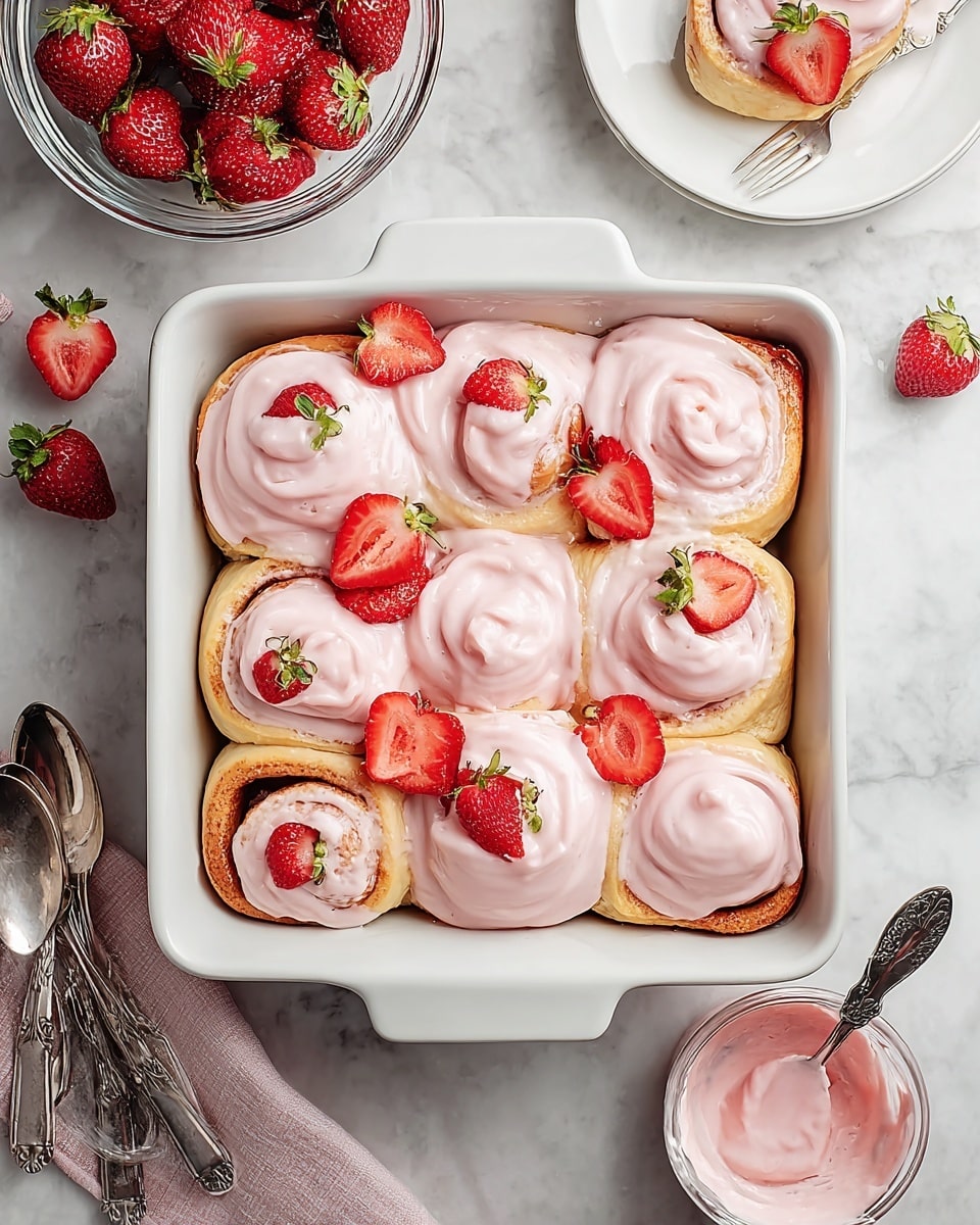 A white square baking dish holds nine soft cinnamon rolls arranged in a 3 by 3 grid. Each roll is topped with a thick layer of smooth, pale pink icing swirled over the golden-brown dough. Several rolls feature bright red fresh strawberries, some sliced and placed on top, adding vibrant color and texture contrast. Around the dish, there is a clear glass bowl filled with whole strawberries, a white plate, and vintage silver spoons lying on a white marbled surface. A small glass bowl with extra pink icing and a spoon is also visible at the bottom right. Photo taken with an iphone --ar 4:5 --v 7