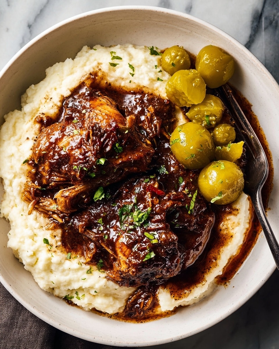 A round plate with a brown texture holds two large pieces of shredded chicken covered in a thick dark brown sauce, garnished with small green herb leaves. On the right side of the plate, there is a light cream-colored scoop of mashed potatoes topped with several green sliced jalapenos. A silver fork rests on the edge of the plate. The plate is placed on a white marbled surface with a small purple flower and green leaves in the background. photo taken with an iphone --ar 4:5 --v 7